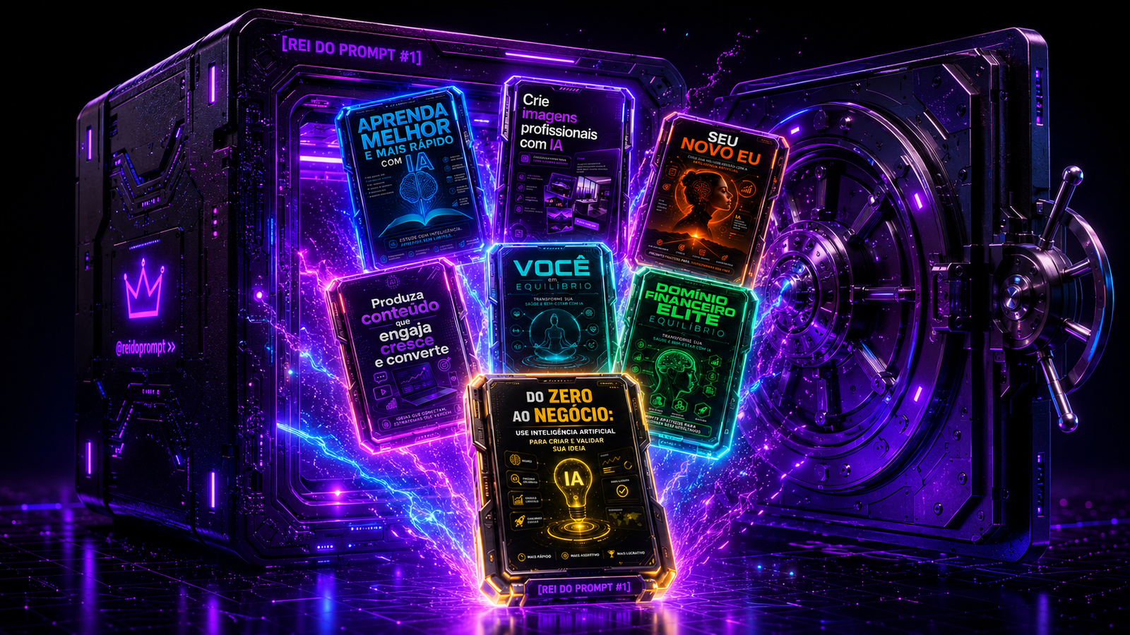 Cofre roxo aberto com cards de prompts de IA